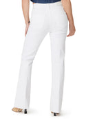 White high-rise bootcut jeans, seen from the back, with back pockets, a Paige tag, and frayed hems.