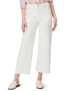 Off-white wide-leg jeans with utility pockets and raw hem.  Features a gold button.