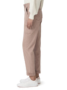 Muted pink relaxed fit cargo pants with cuffed hems and large side pockets.