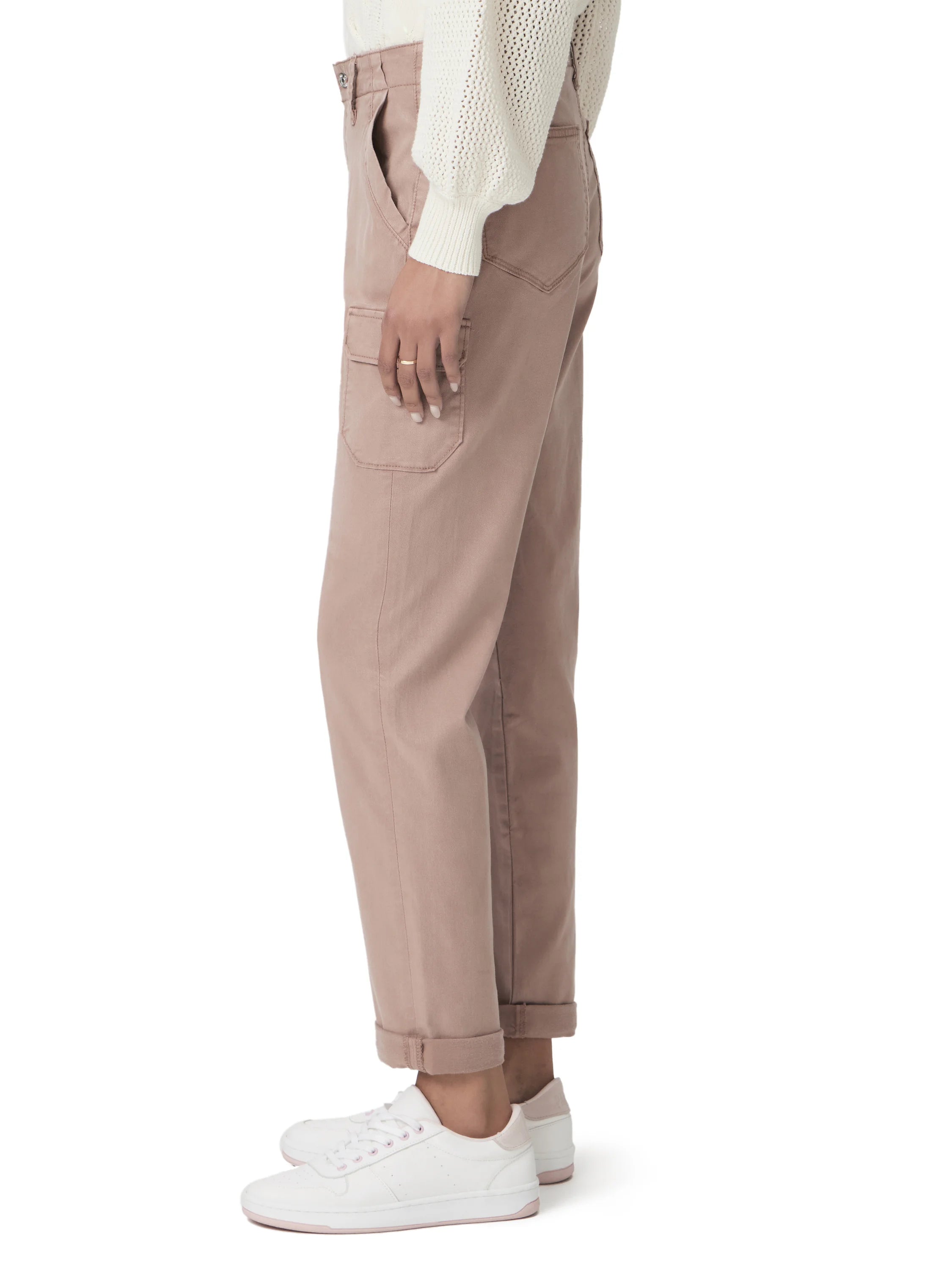 Muted pink relaxed fit cargo pants with cuffed hems and large side pockets.