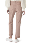 Mauve cargo pants, rear view, featuring side cargo pockets, patch back pockets, and cuffed hems.