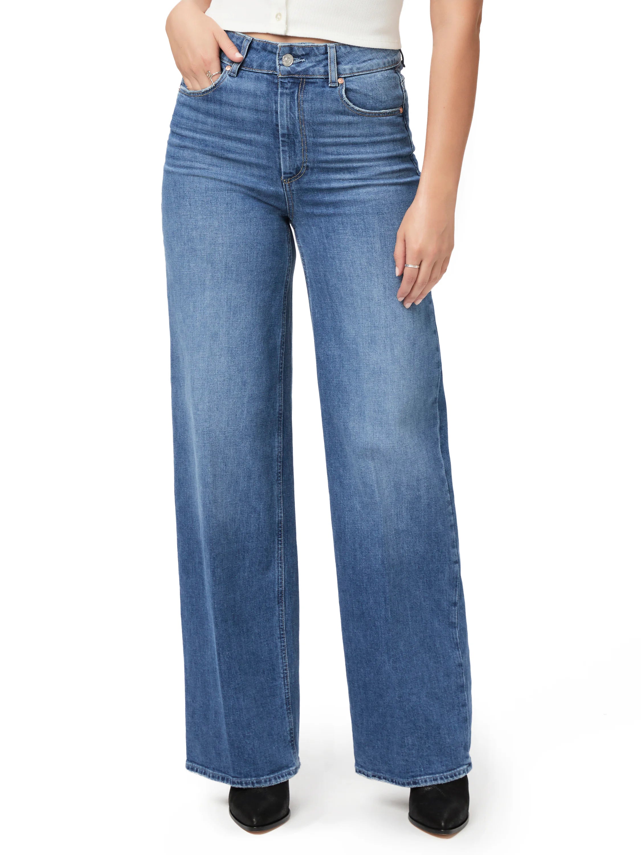 Paige Sasha jeans: Medium-wash blue, wide-leg, high-waisted denim.