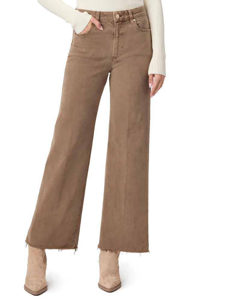 Tawny brown wide-leg jeans with a prominent raw, frayed hem. Features a gold button and standard jean pockets.