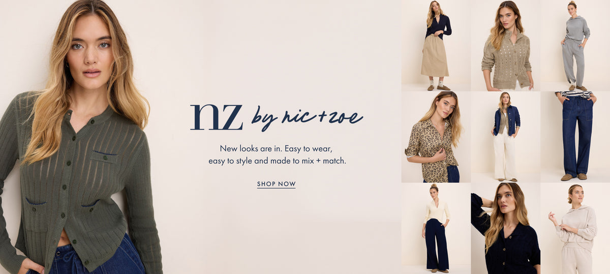 A promotional collage for nz by nic+zo featuring a large model on the left in an olive green striped button-up shirt and blue jeans, with nine smaller outfit photos arranged on the right. Center text reads 'nz by nic+zo' with a slogan and 'SHOP NOW'.