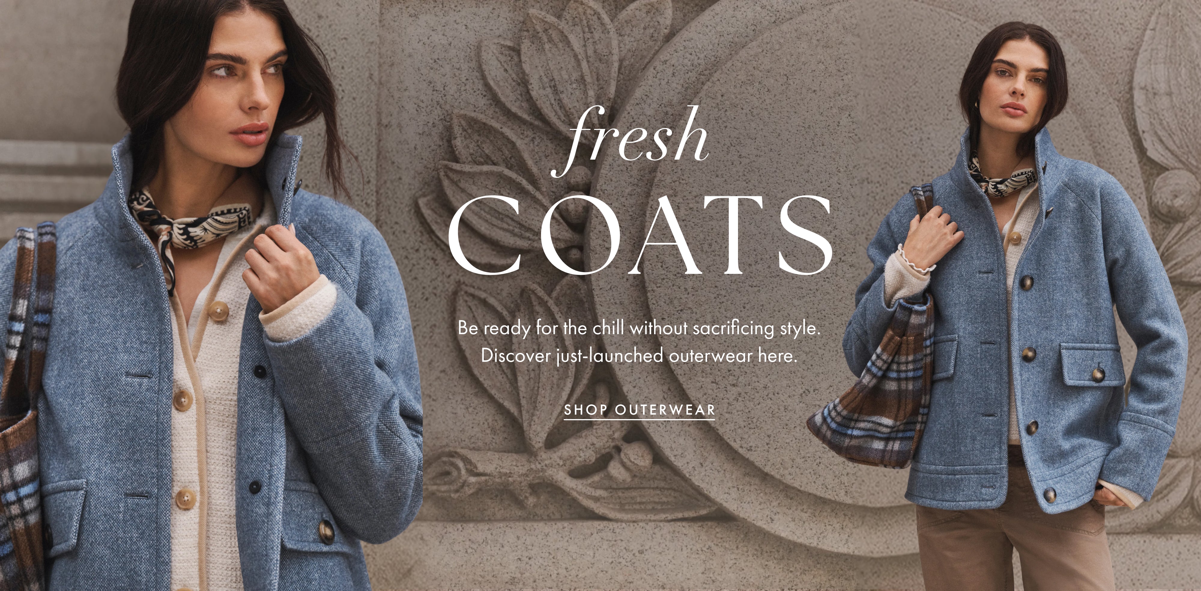 A promotional fashion banner featuring a woman modeling a light blue textured coat in two poses against a stone wall background. Large text reads 'fresh COATS' with smaller copy 'Be ready for the chill without sacrificing style.