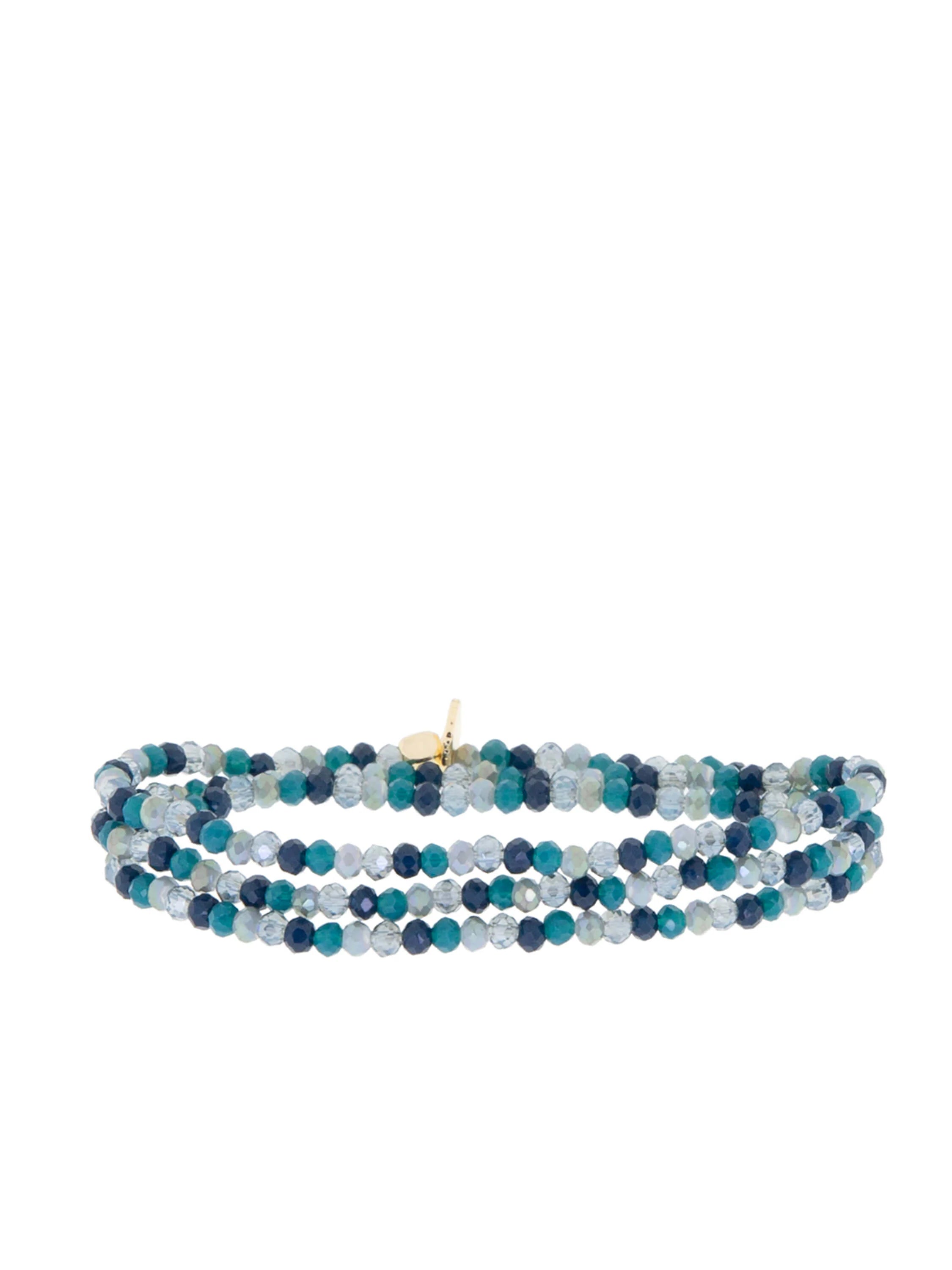 Triple-wrap bracelet with teal, blue, and clear faceted beads; gold clasp.