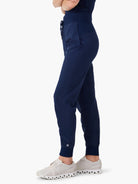 Dark navy high-waisted joggers with a wide, elasticated waistband, drawstring, side pocket, tapered legs, and ankle cuffs.