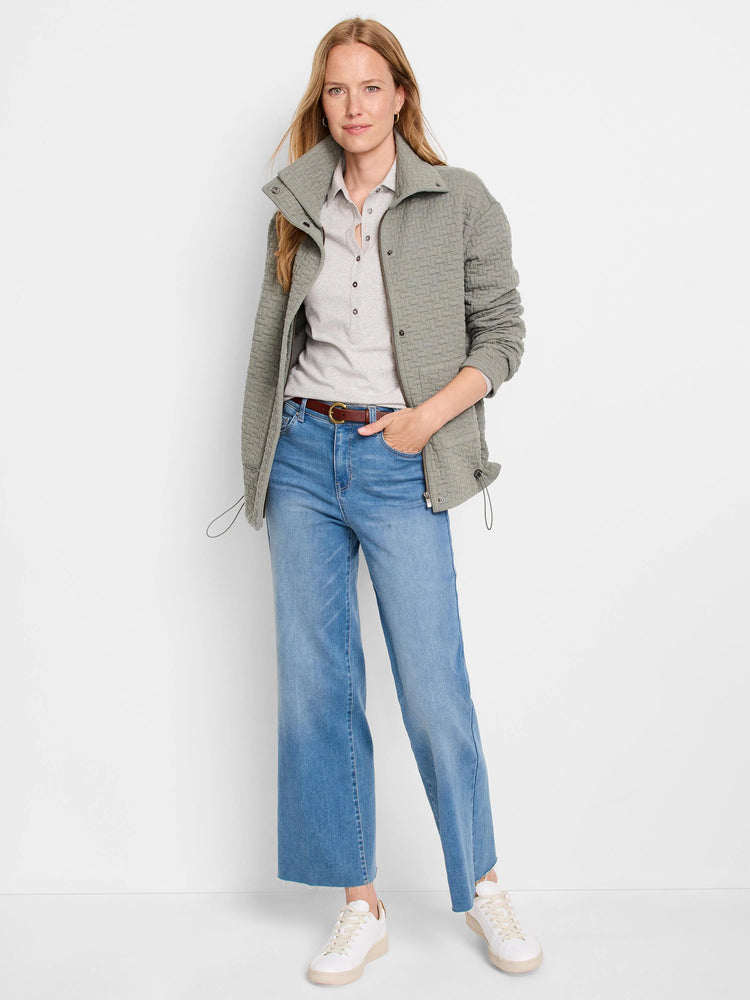 Sage green quilted jacket with a stand collar and zipper closure.  Features a textured pattern.