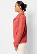 Dusty rose quilted jacket.  Textured, brick-like pattern.  Asymmetrical collar, snap closure.