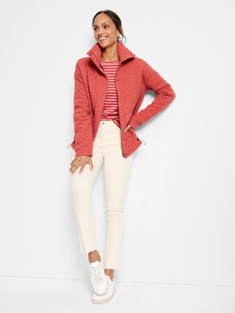 Dusty rose quilted jacket, snap front, long sleeves.  Drawstrings at waist.
