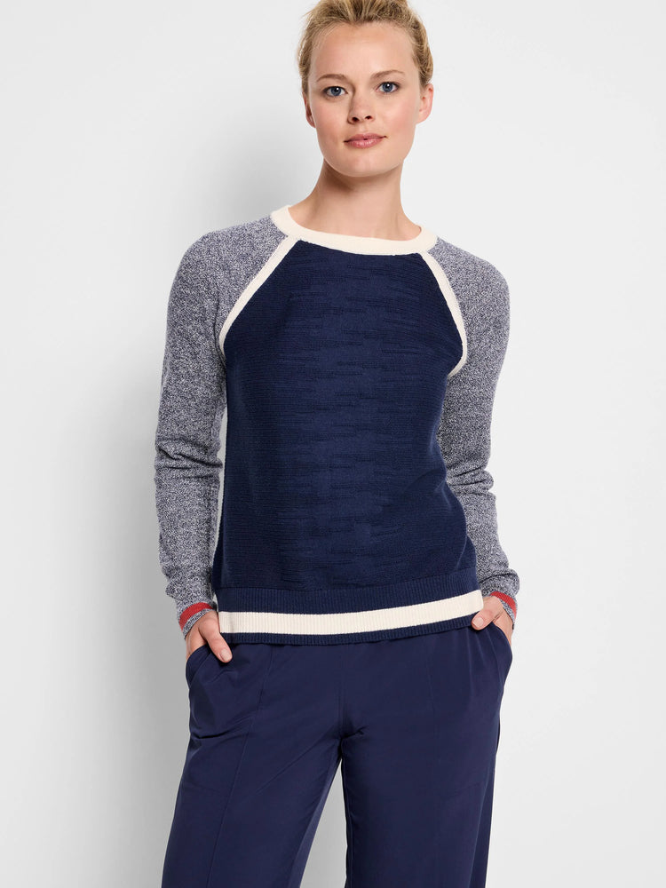 Navy blue sweater with grey/white speckled raglan sleeves and cream/navy stripes at hem and cuffs.  Red detail on cuffs.