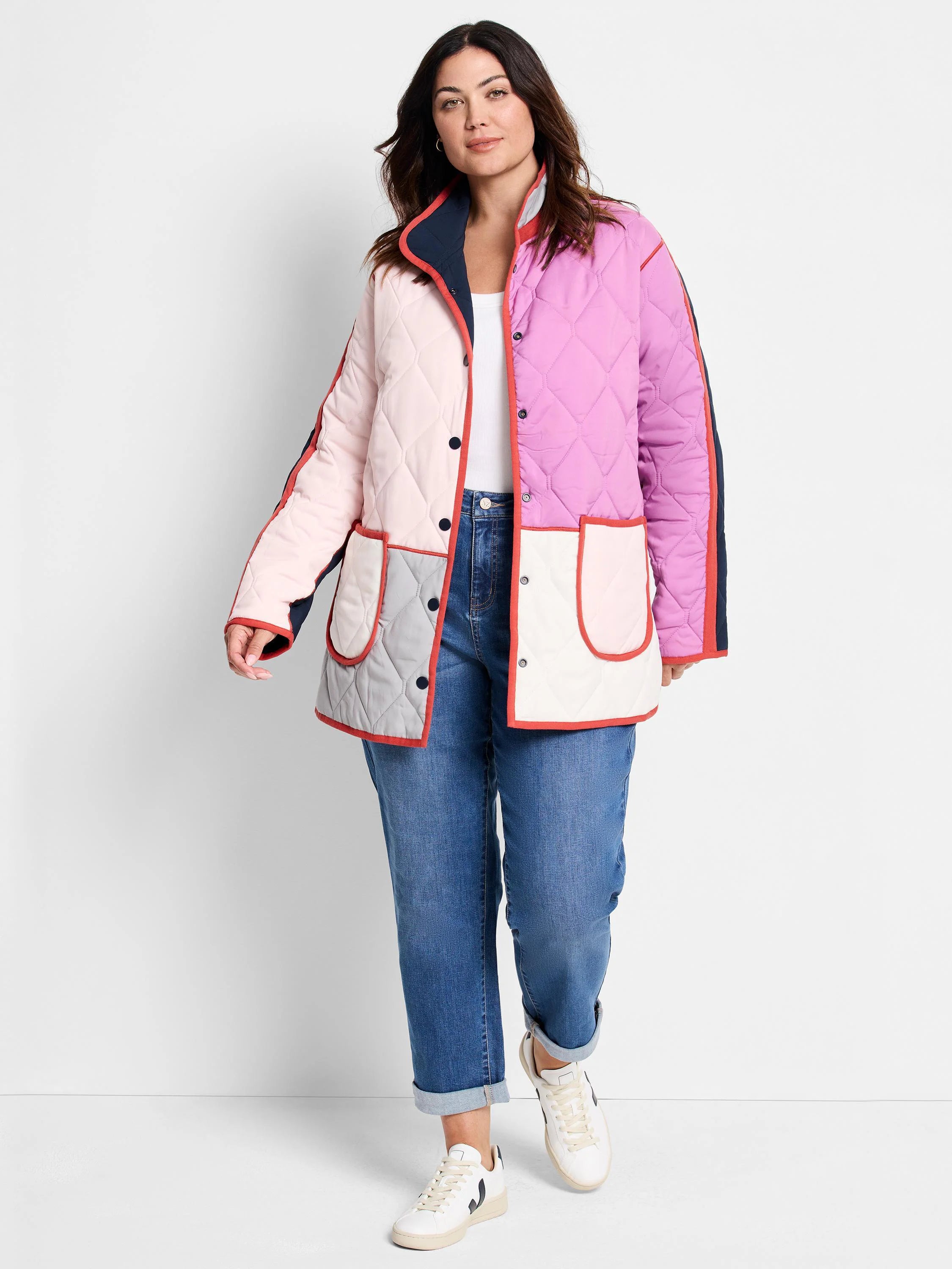 Quilted, color-block coat in pink, lavender, navy, grey & cream with red piping, button closure & pockets.