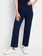 Navy blue, ribbed knit pants; wide leg, cropped.