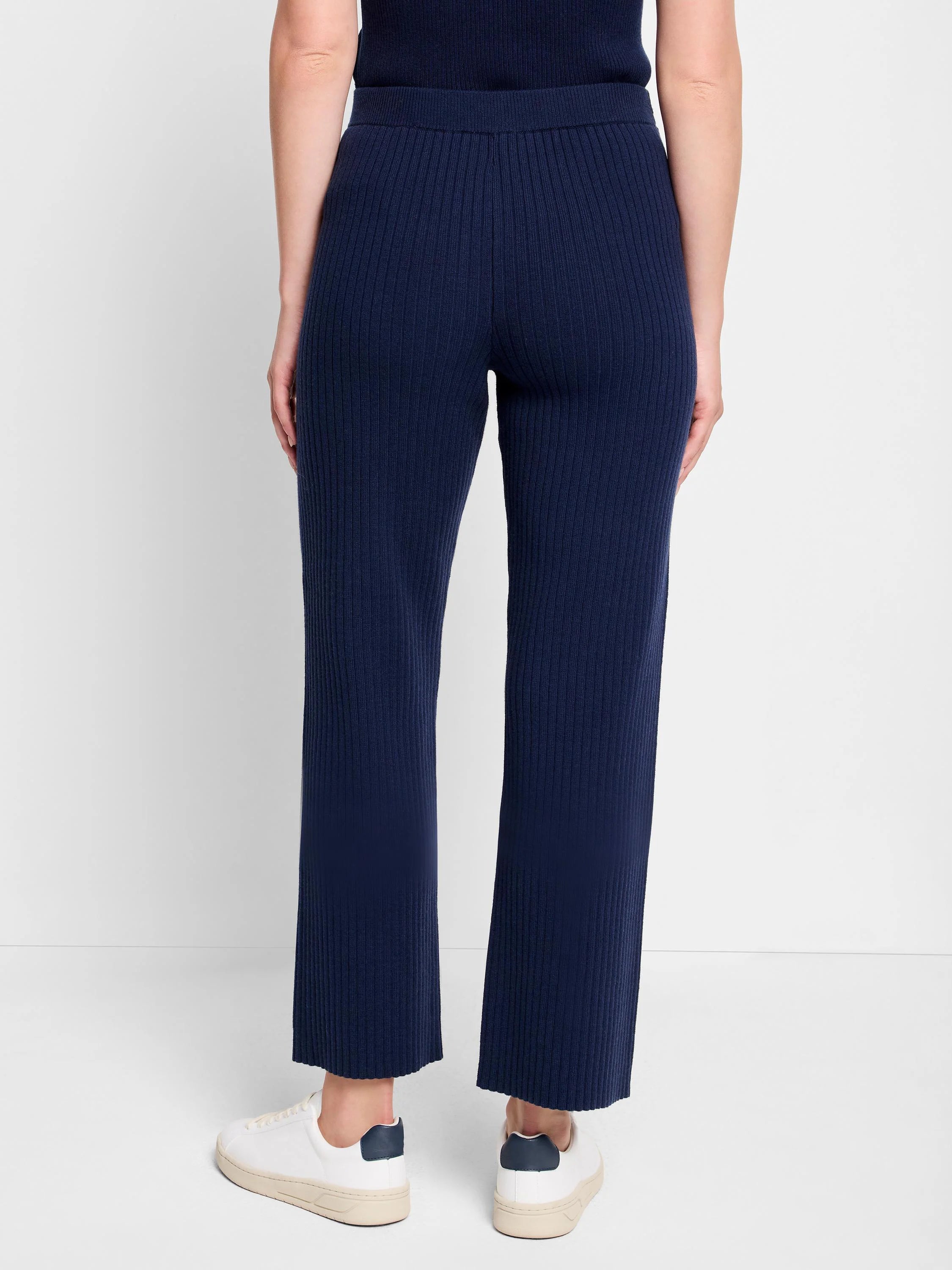 Navy blue ribbed knit pants; wide leg, cropped.