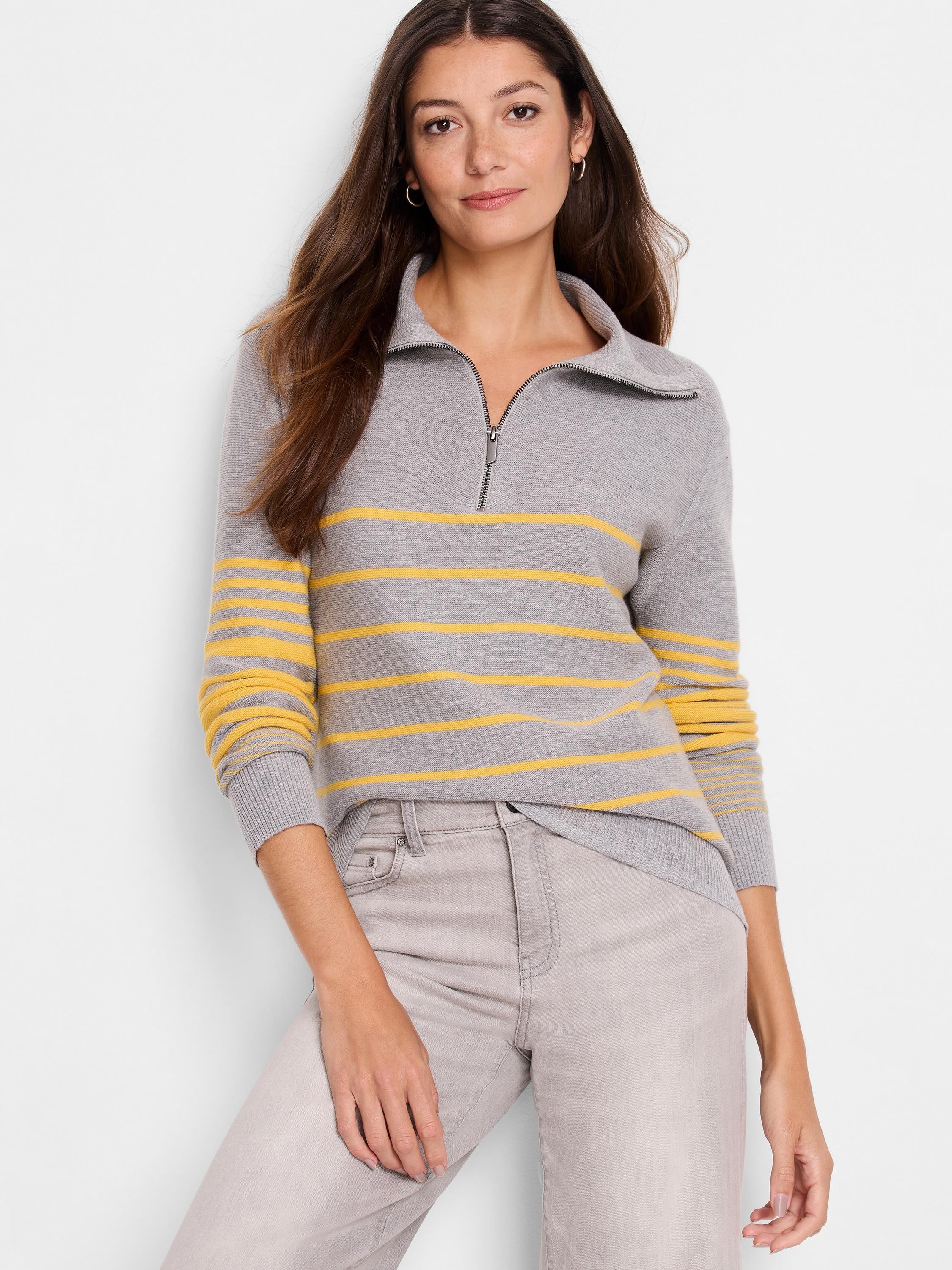 Grey and mustard yellow striped half-zip sweater.  Half-zip closure. Knit fabric.