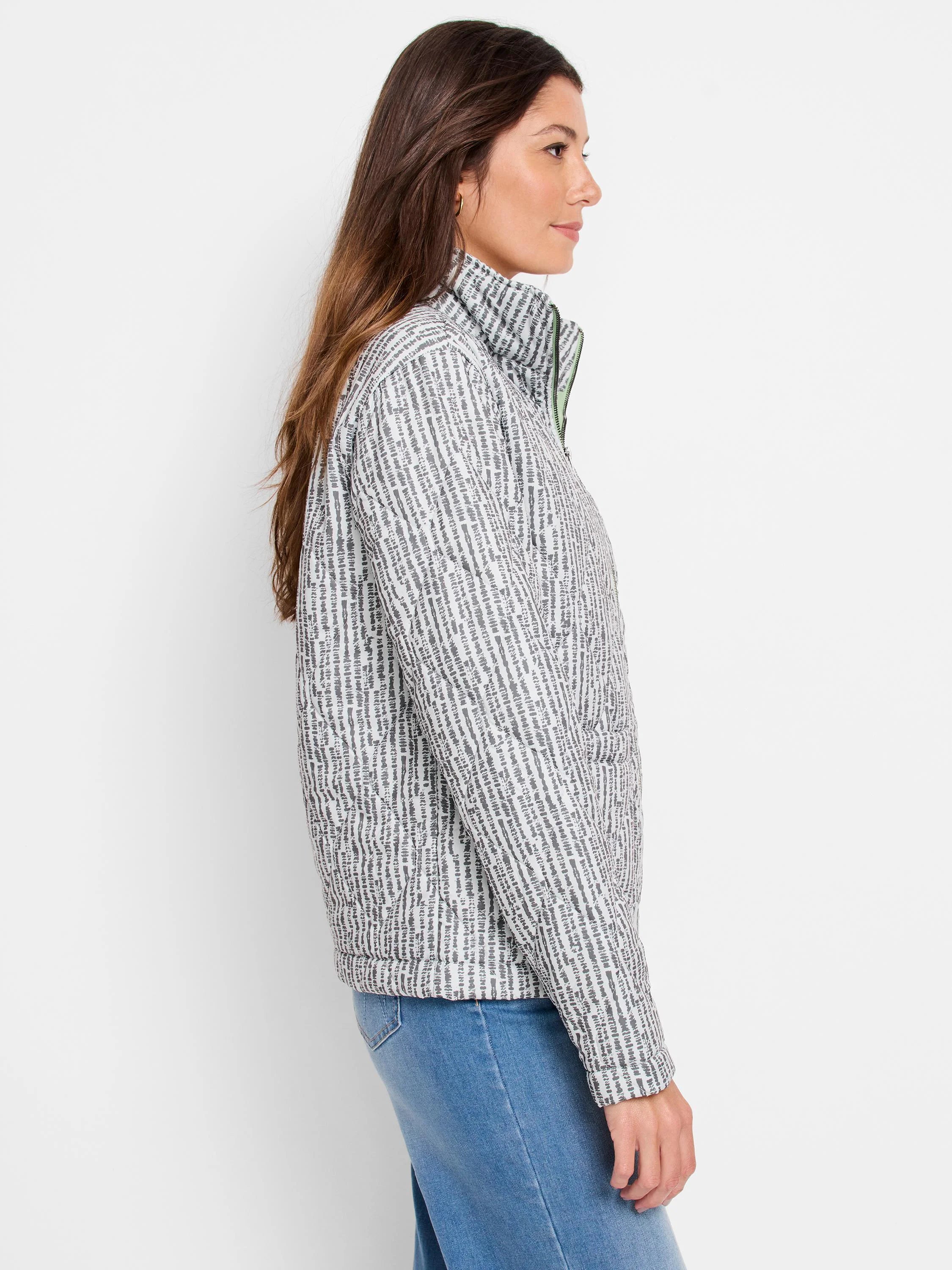 Light grey quilted puffer jacket with dark grey irregular vertical stripes. Features a stand-up collar and light green...