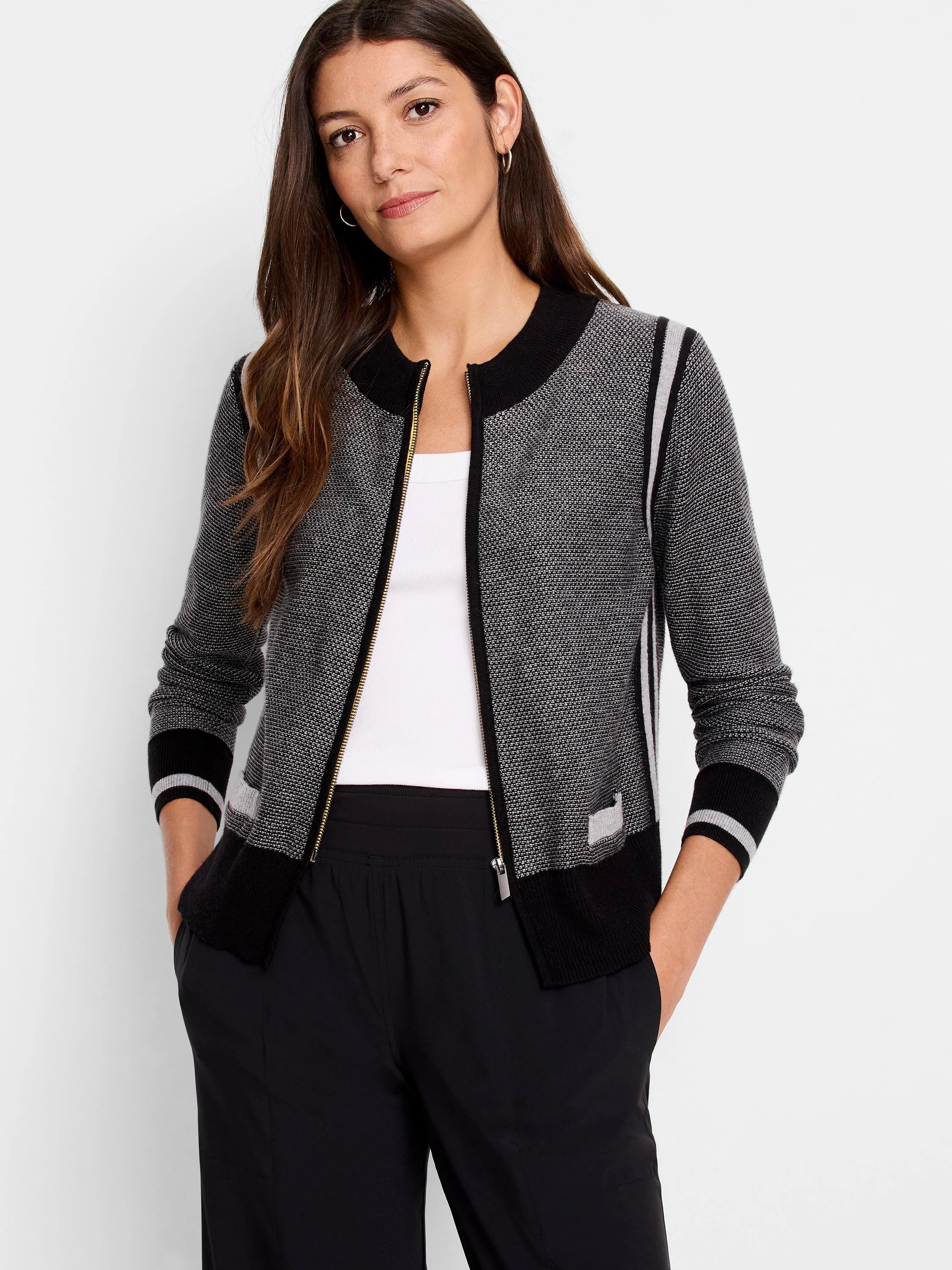 Zip-front cardigan; black, gray speckled knit with black & gray stripes on sleeves and hem; gold zipper.