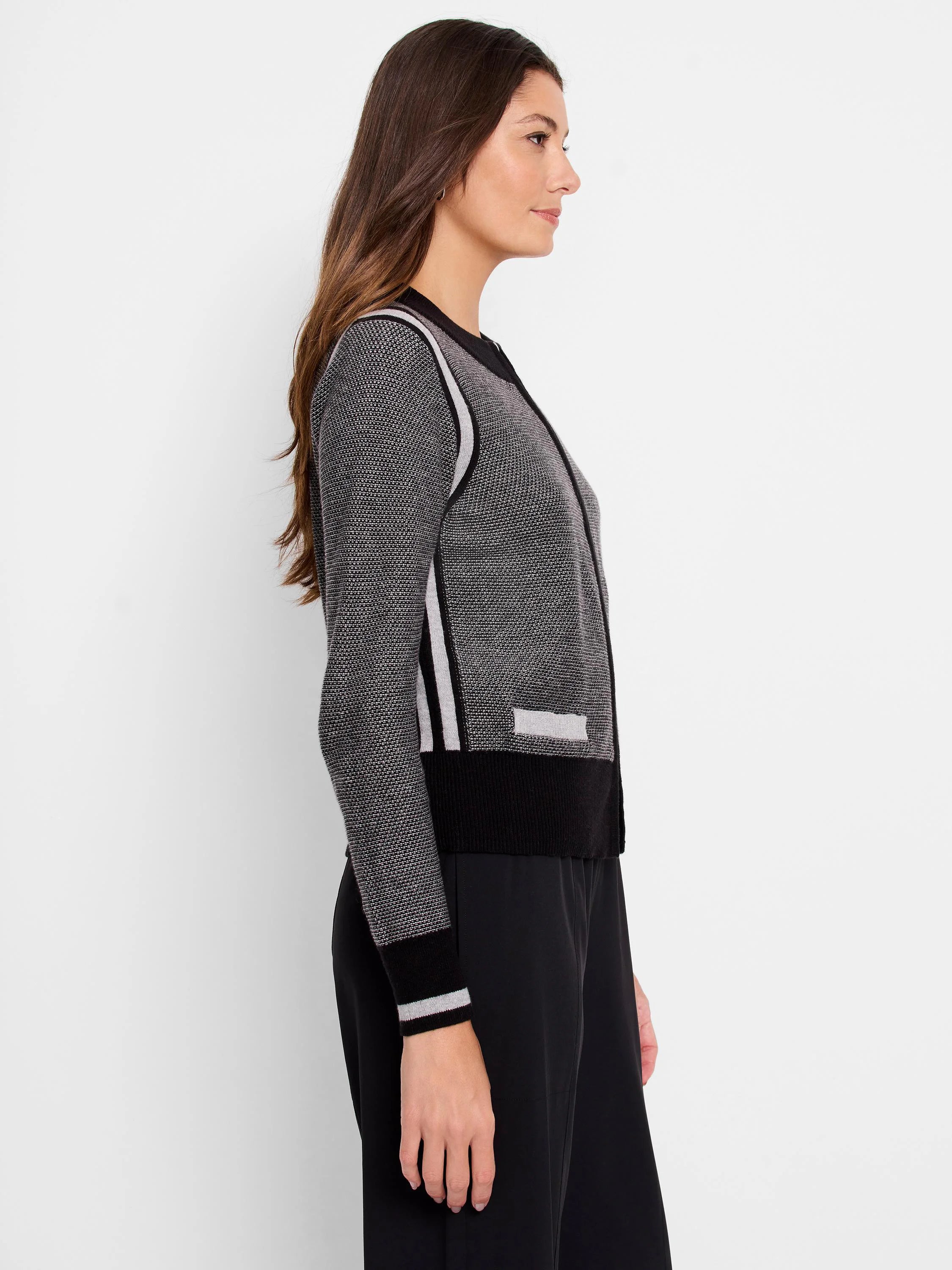Gray and black zip-front cardigan.  Features light gray stripes on the sleeves and sides.  Black bottom band.