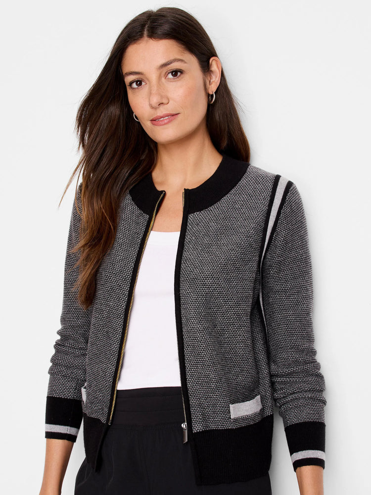 Black and gray textured zip-front cardigan.  Black trim at collar and cuffs.  Light gray stripes on cuffs and hem. Gold...