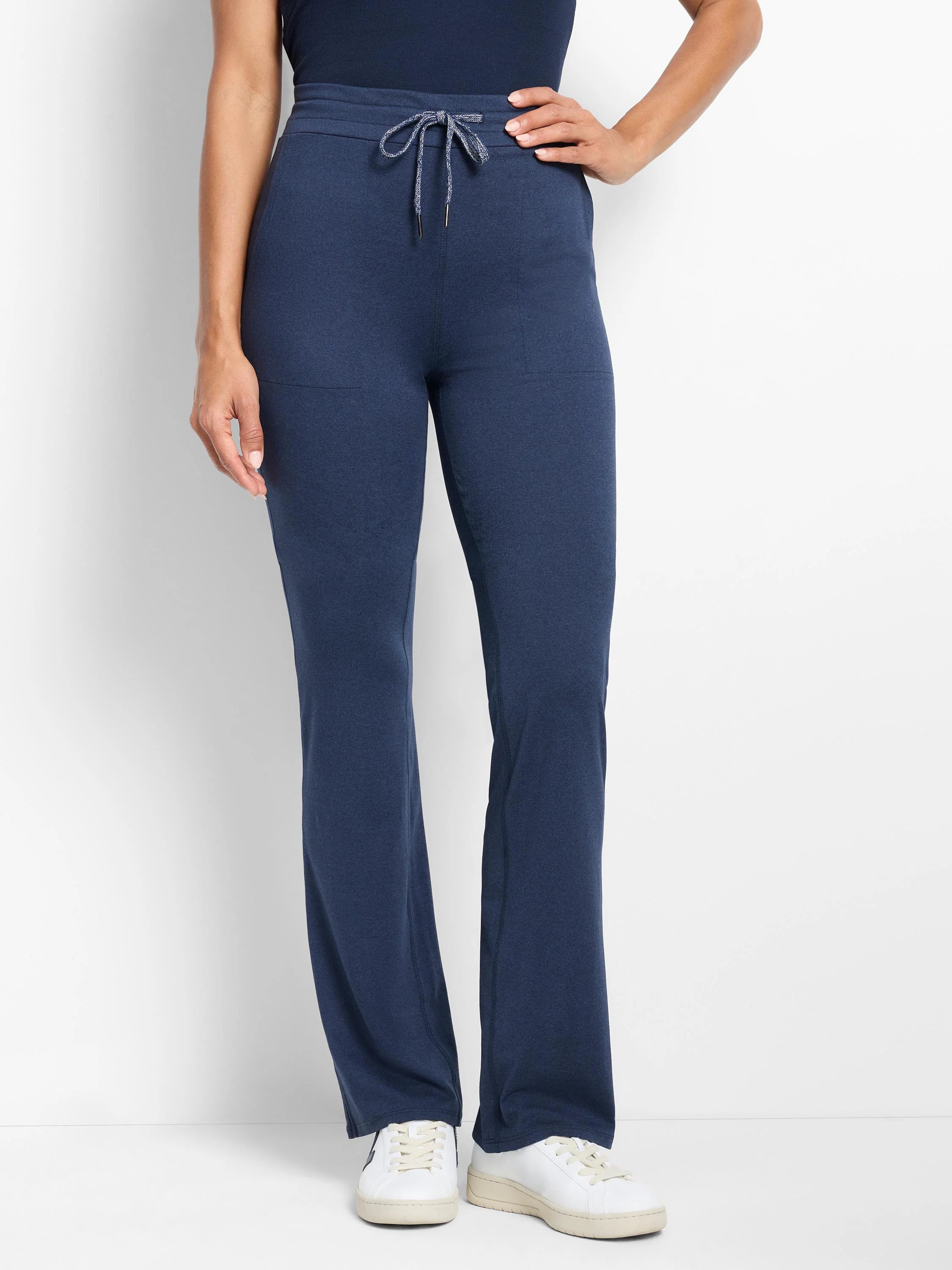Dark blue wide-leg pants with drawstring waist and small side pockets.