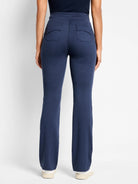Dark navy blue wide-leg pants;  two back pockets.  Fabric has subtle texture.