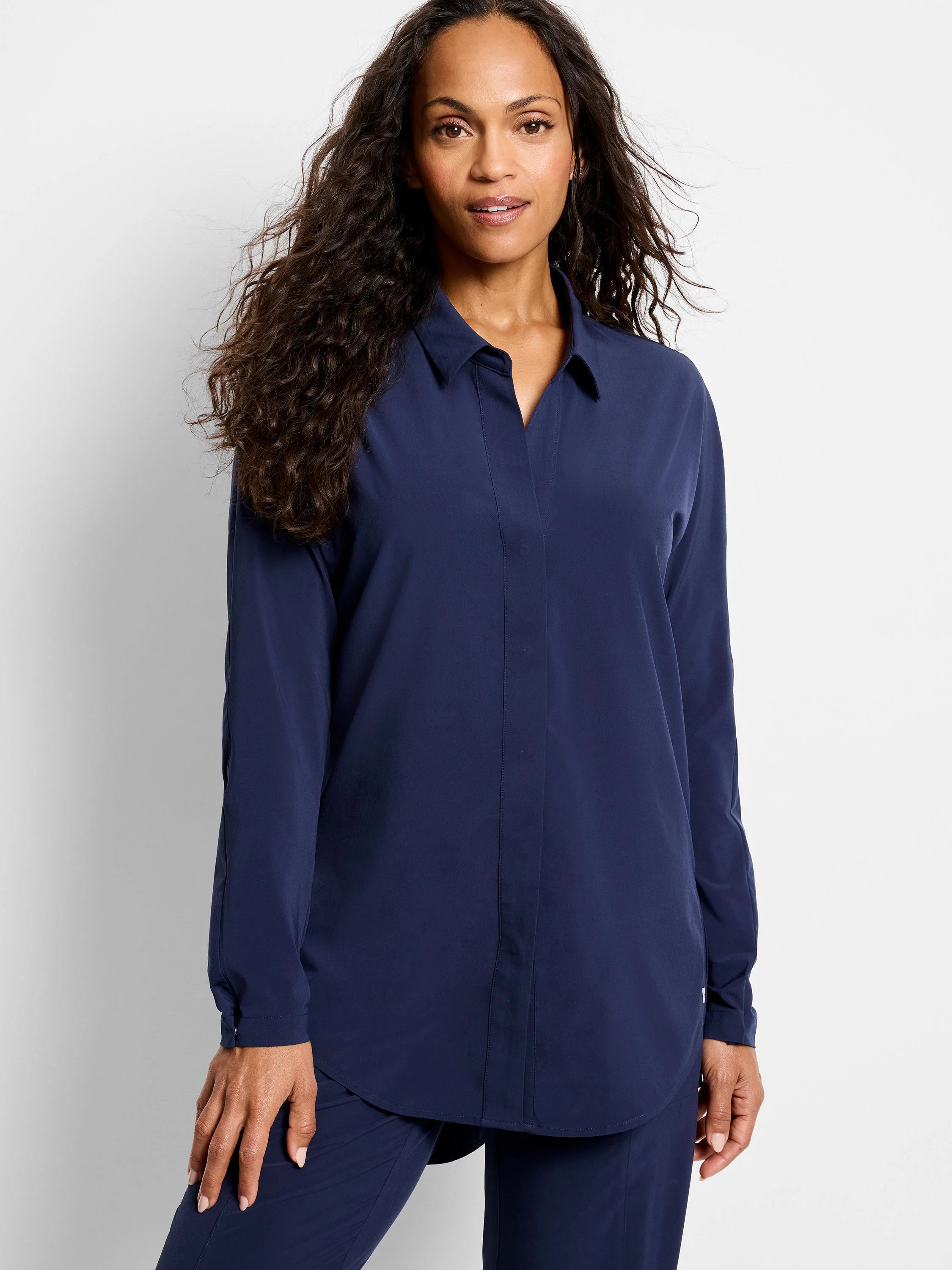 Navy blue long-sleeve collared shirt with an open V-neck, button-front, and relaxed fit.