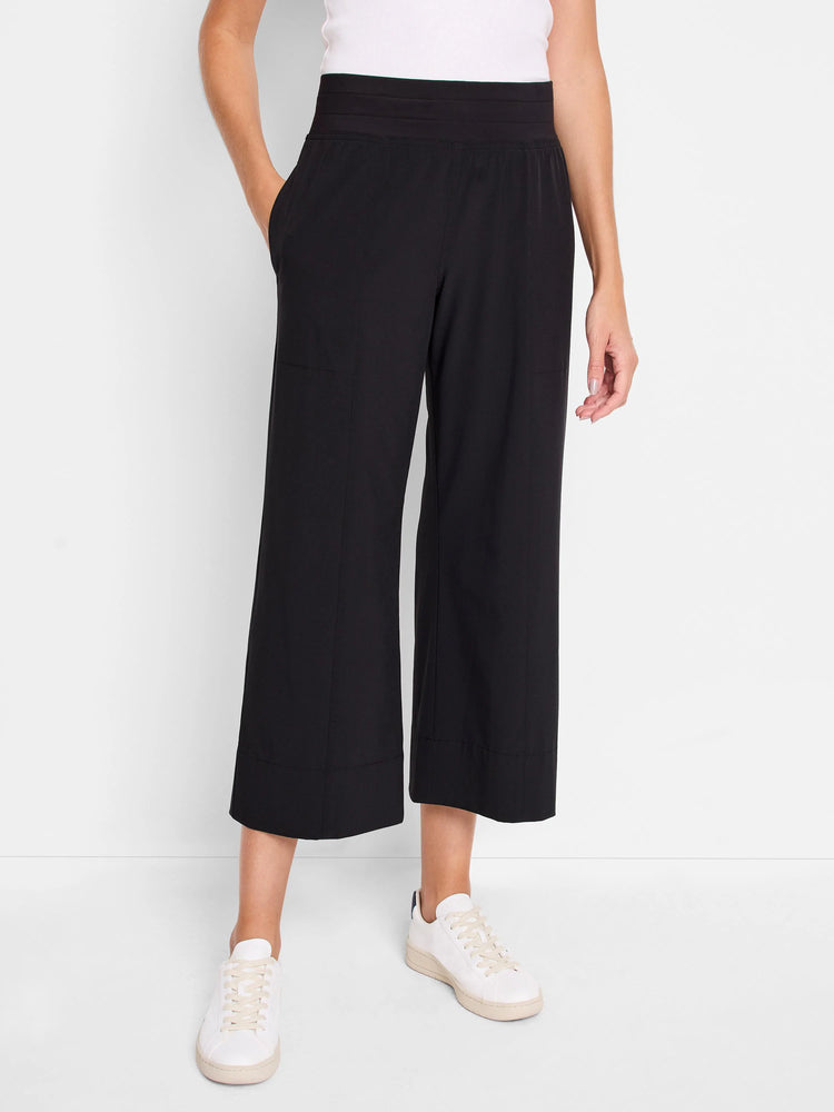 Black wide-leg cropped pants; elasticized waistband; side pockets; slight hem cuff.