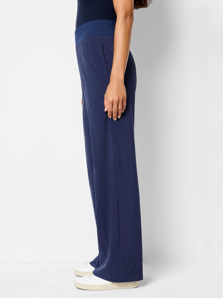 Dark navy blue wide-leg pants;  elastic waistband.  Side pockets.