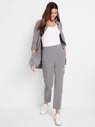 Grey Tech Stretch Cargo Pant with an elastic waist, side cargo pockets, and a cropped fit.