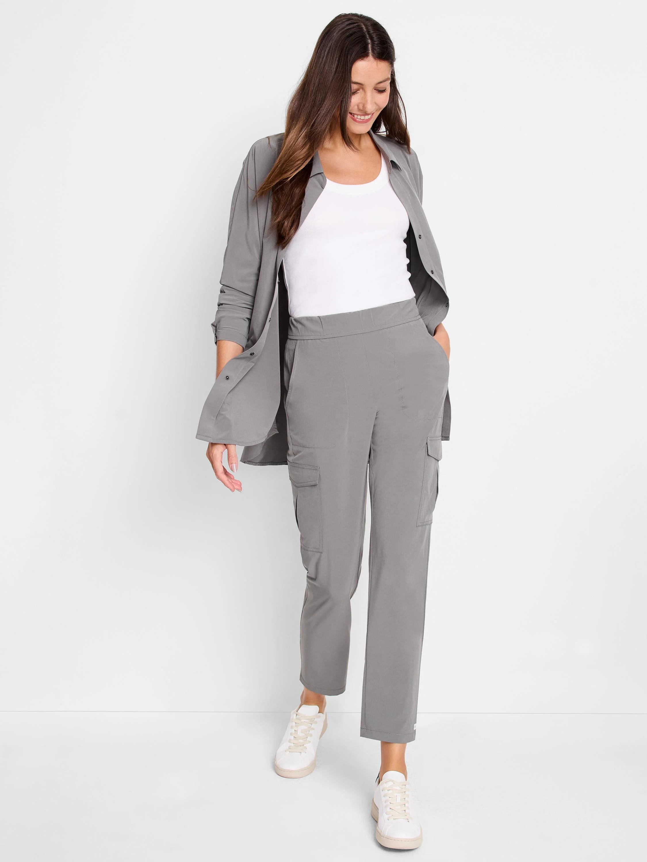 Grey Tech Stretch Cargo Pant with an elastic waist, side cargo pockets, and a cropped fit.