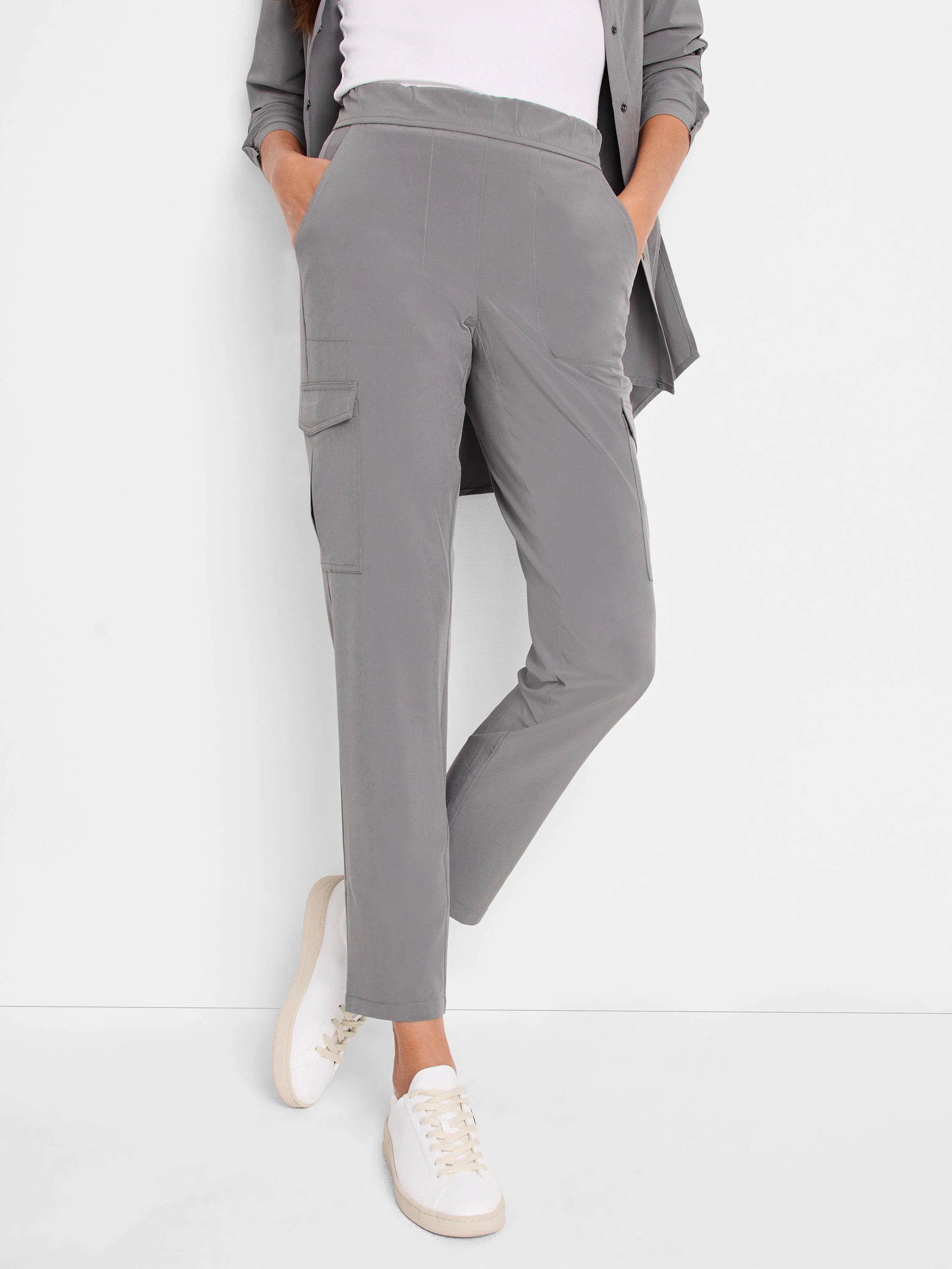 Medium gray cargo pants with an elastic waist, side cargo pockets, and a relaxed, straight-leg fit.