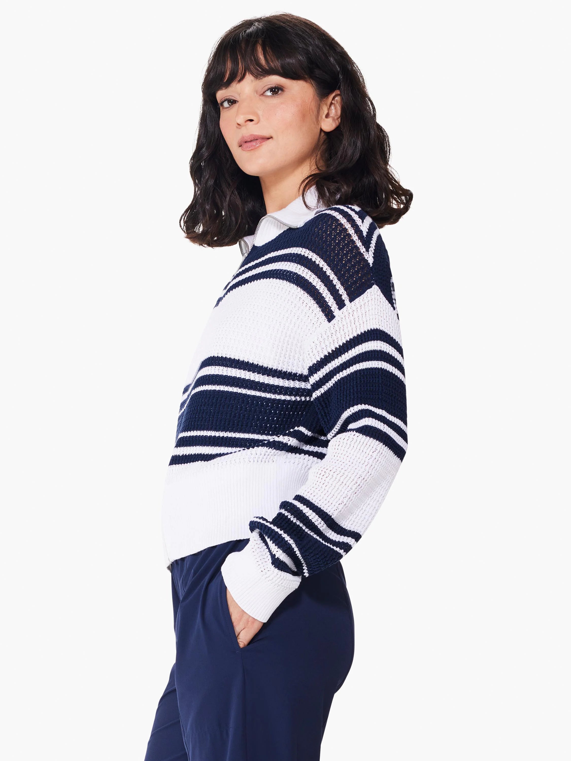 Zip-front sweater jacket; white and navy blue horizontal stripes; knit fabric.