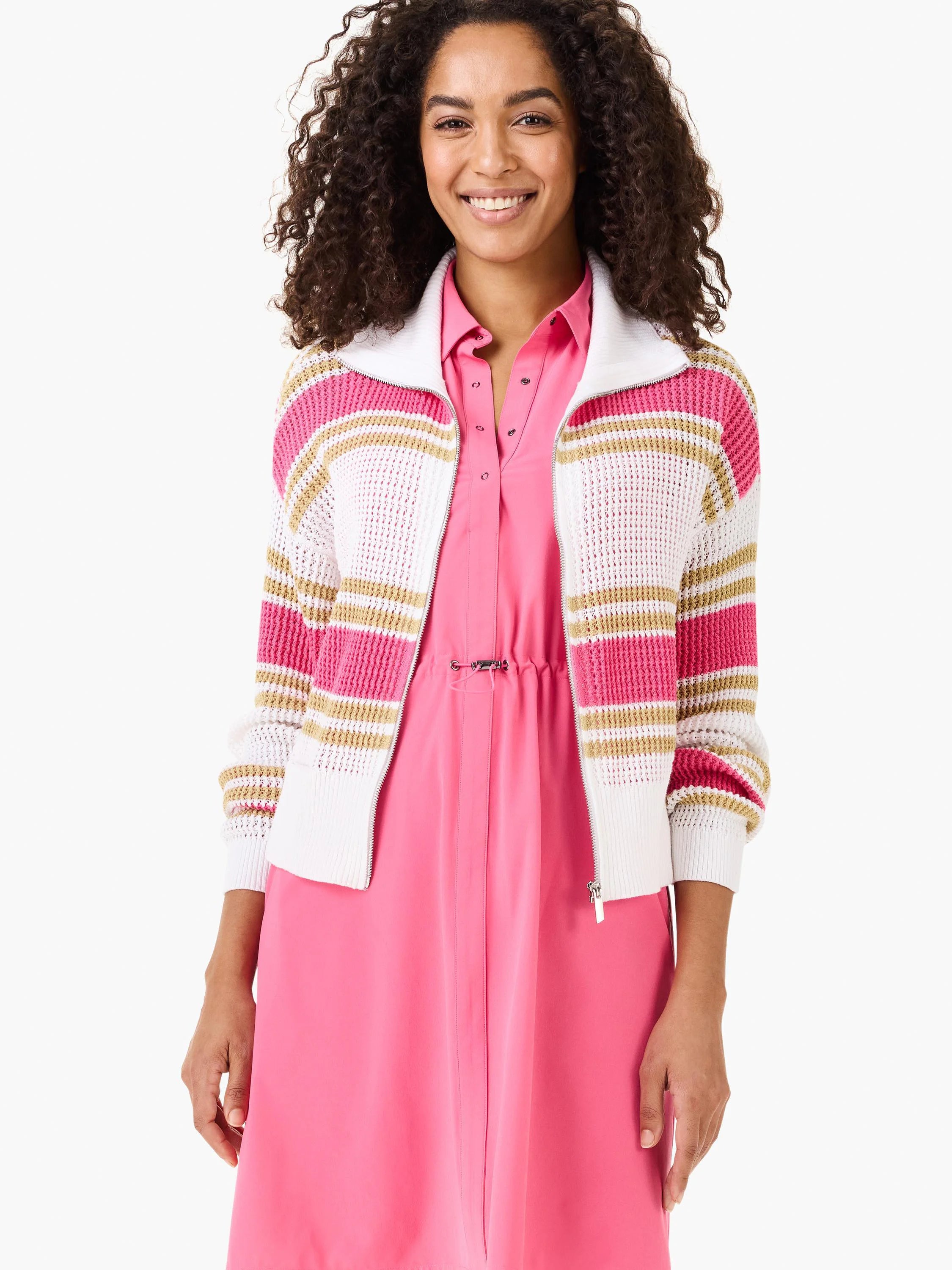 Zip-front sweater jacket; white, pink, and gold stripes;  open knit.