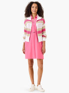 Zip-front sweater jacket; white, pink, and gold stripes; knit fabric.