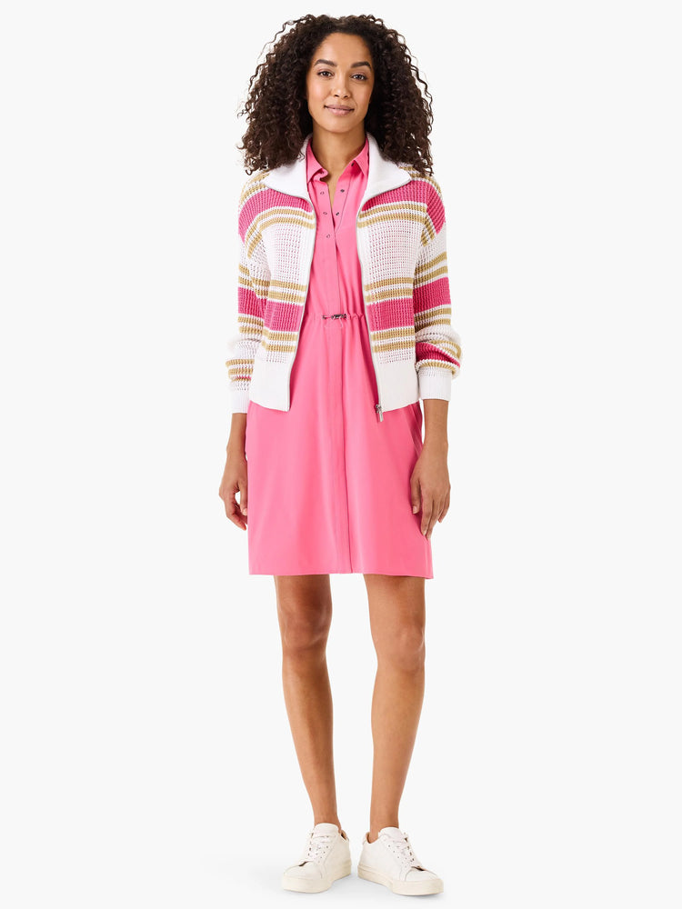 Zip-front sweater jacket; white, pink, and gold stripes; knit fabric.