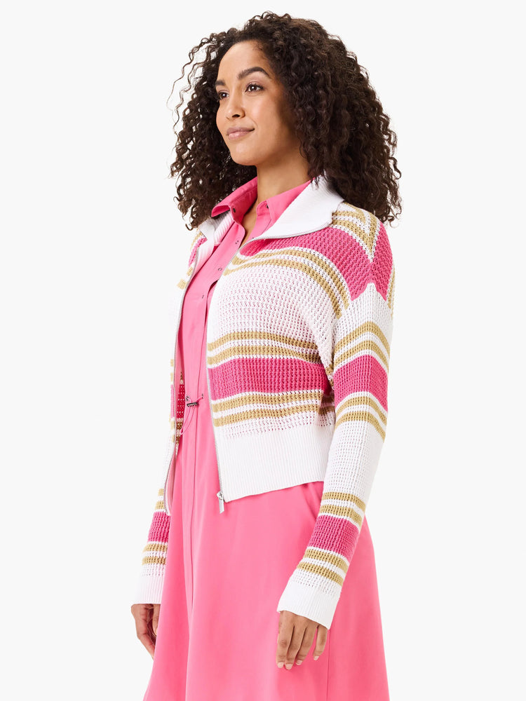 White zip-front sweater jacket with pink and gold stripes. Knit texture.