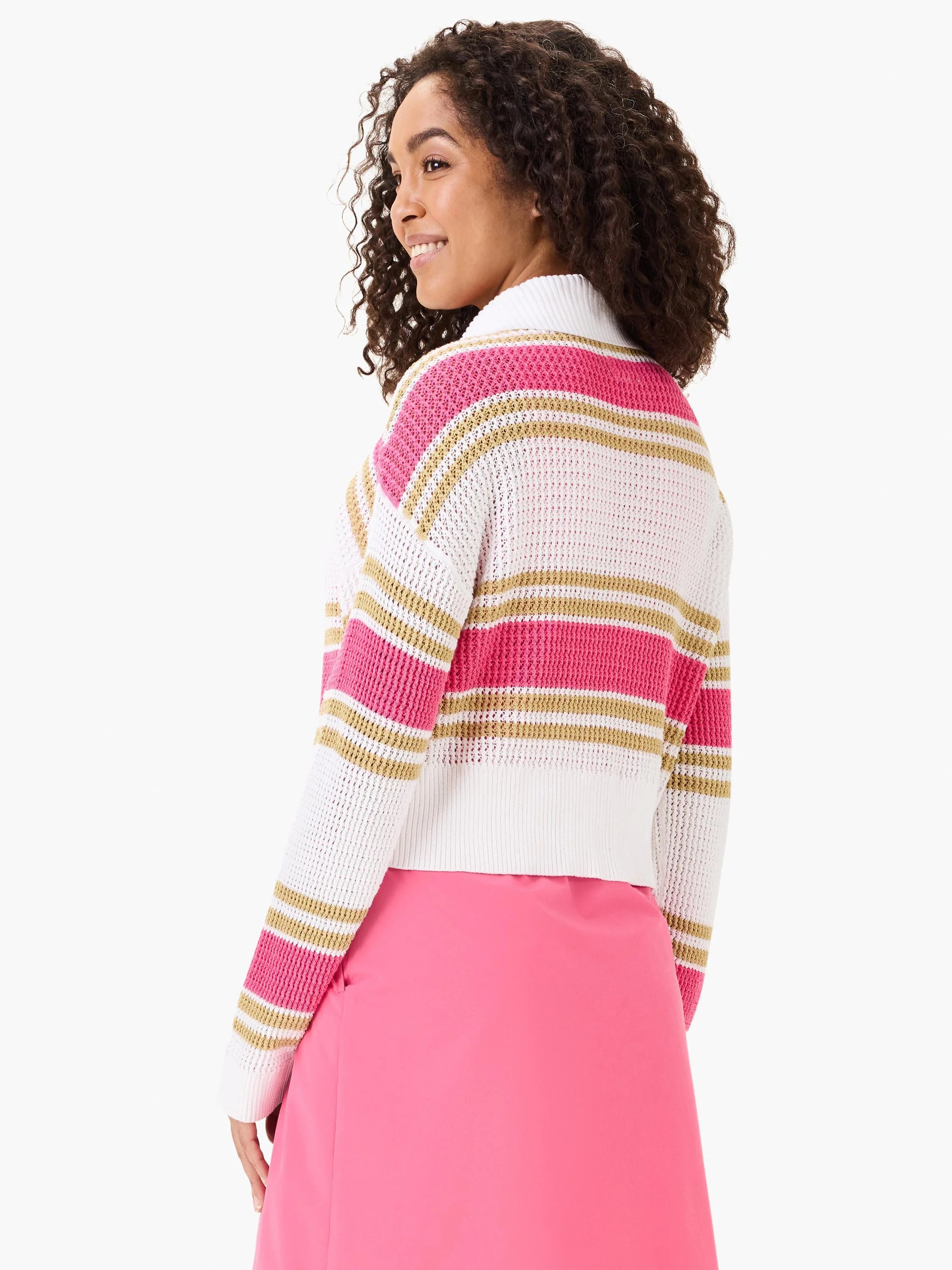White zip-front sweater jacket with horizontal hot pink and gold stripes.