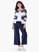 Navy and white horizontally striped knit tank;  zipper front.