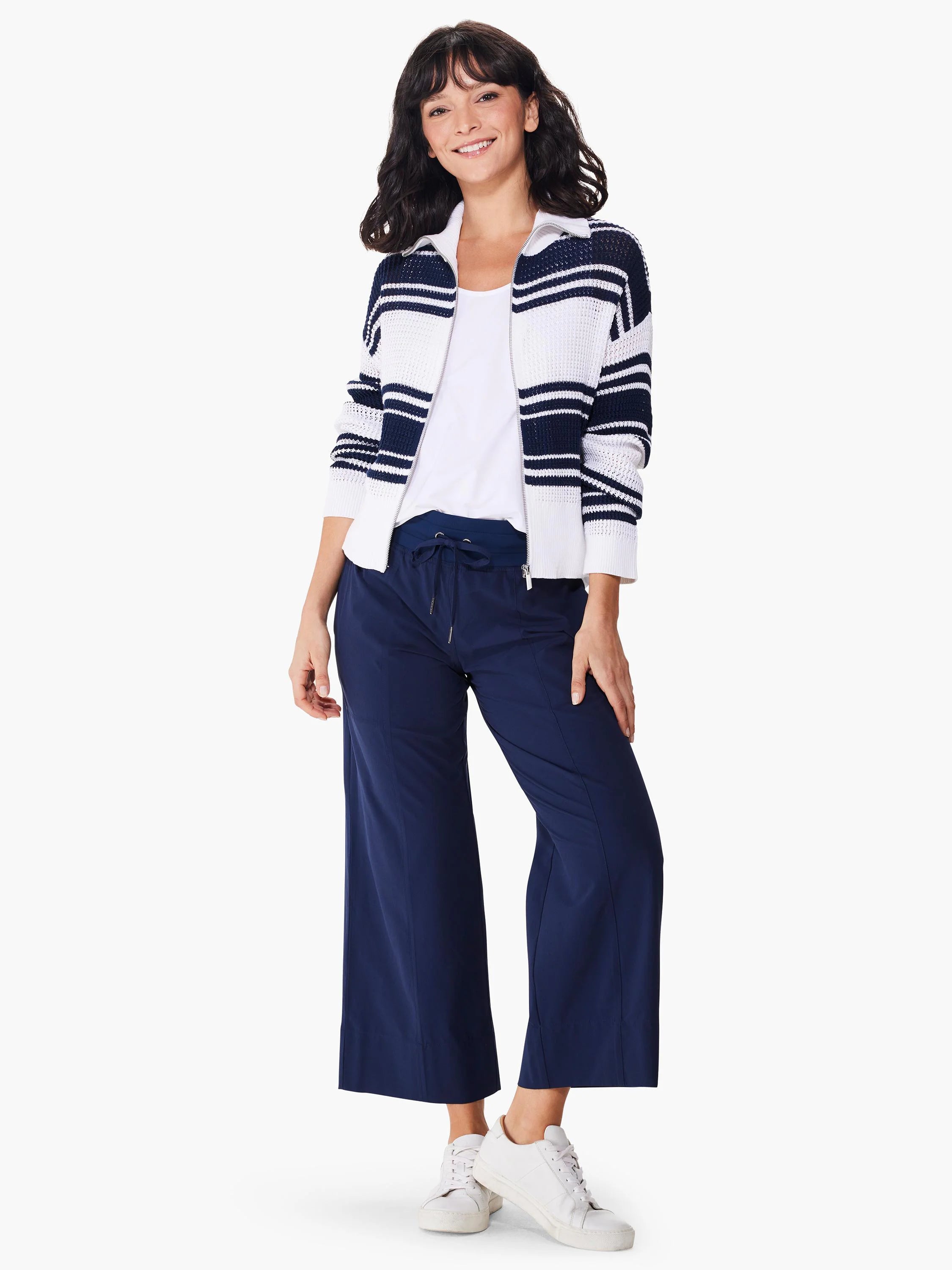 Navy and white horizontally striped knit tank;  zipper front.