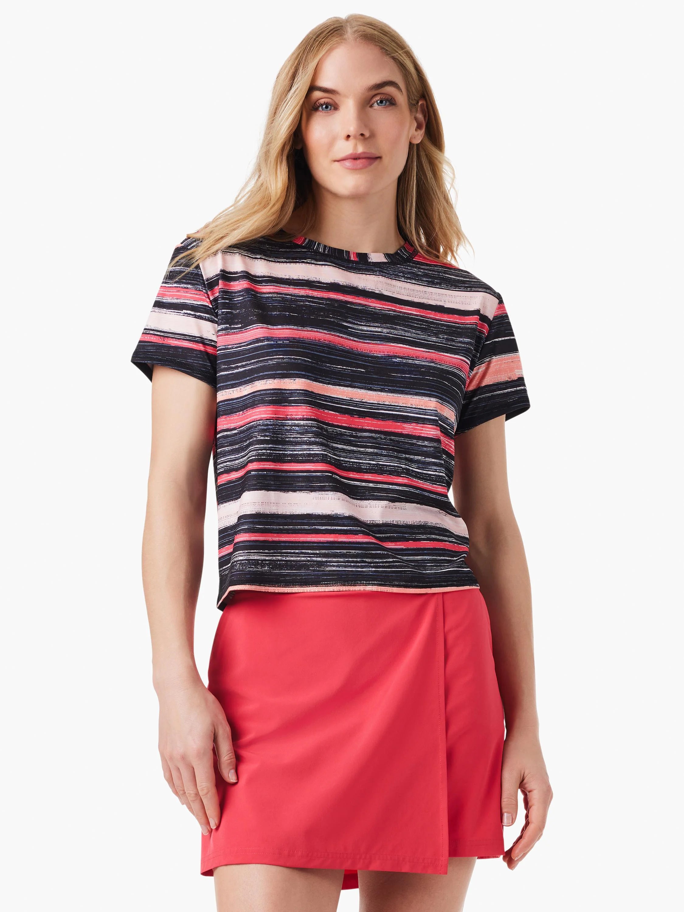 Short-sleeved shirt; horizontal stripes in black, pink, and coral on a black background.