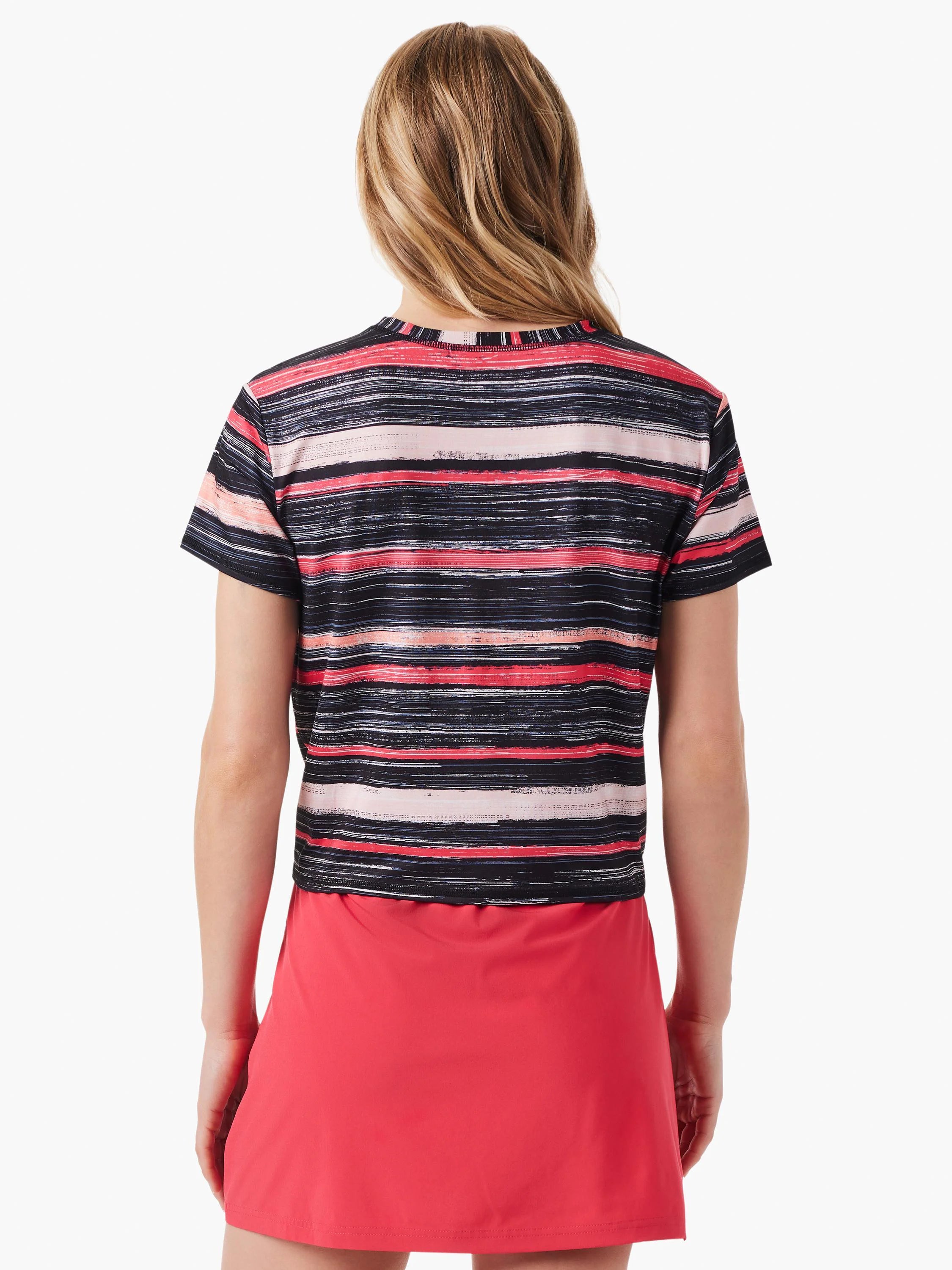 Black shirt with horizontal painted stripes in pink, red, and light peach. Short sleeves.