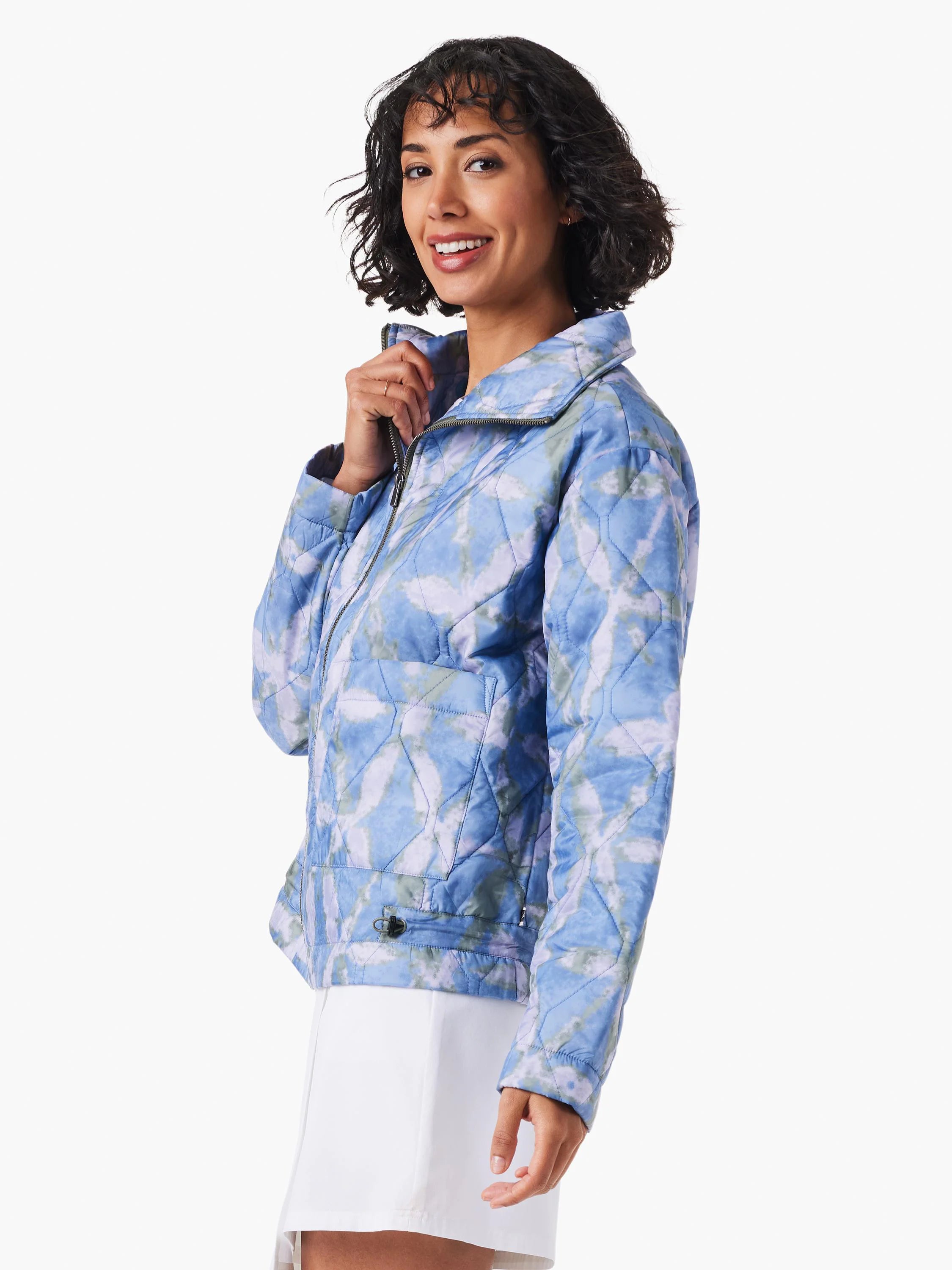 Blue, lilac & sage tie-dye quilted puffer jacket with front zipper.