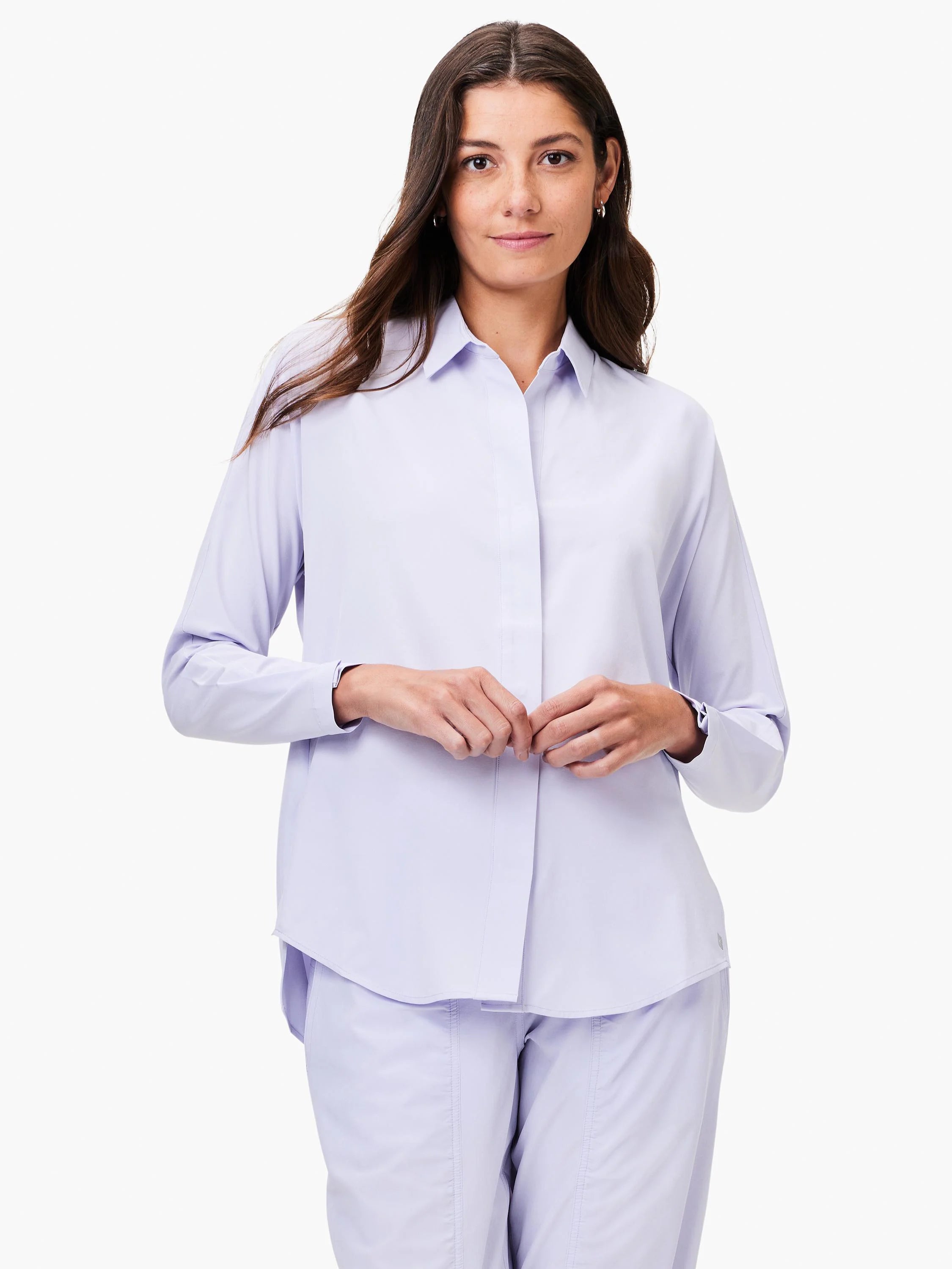 Lavender long-sleeve collared shirt with a concealed button placket and a high-low hem.