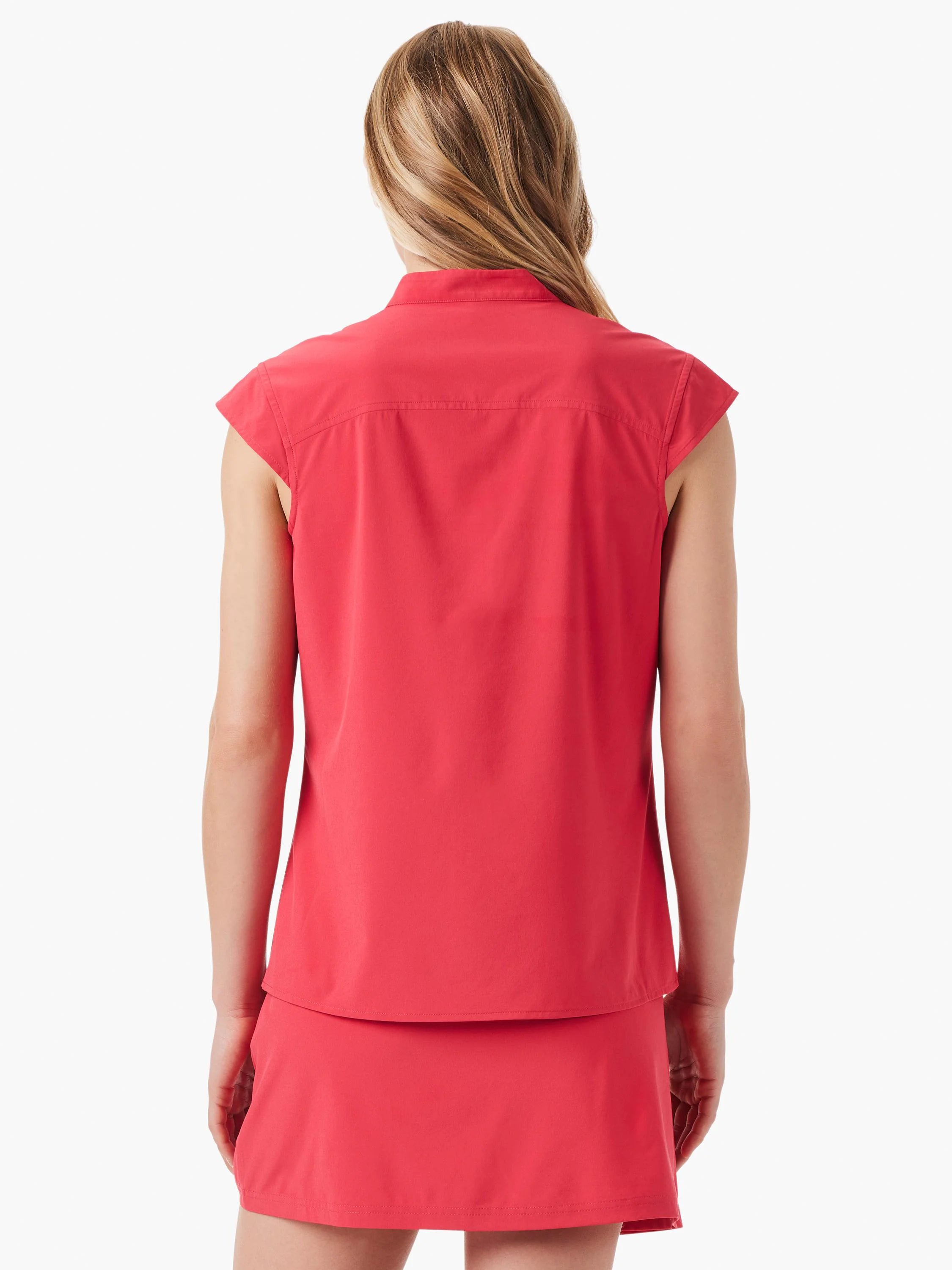 Red sleeveless snap-neck top, shown from the back.  Short hemline.