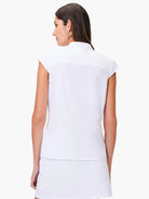 White sleeveless snap-neck top, shown from the back.  Short, capped sleeves.