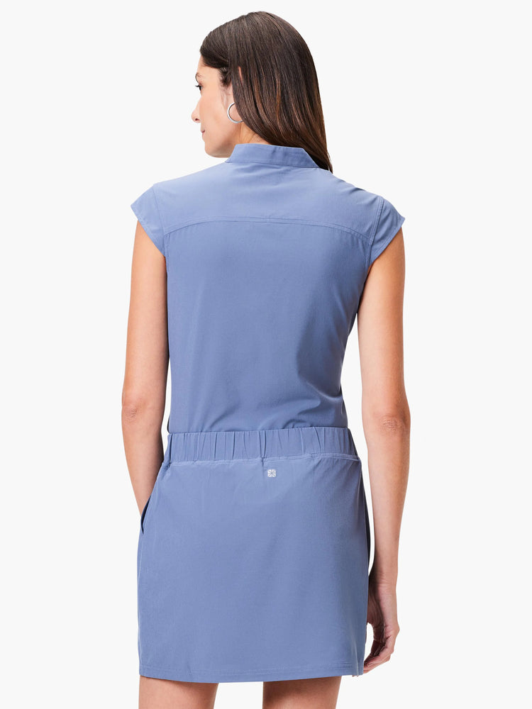 Dusty blue short-sleeved mini dress;  elastic waist;  small logo on back.