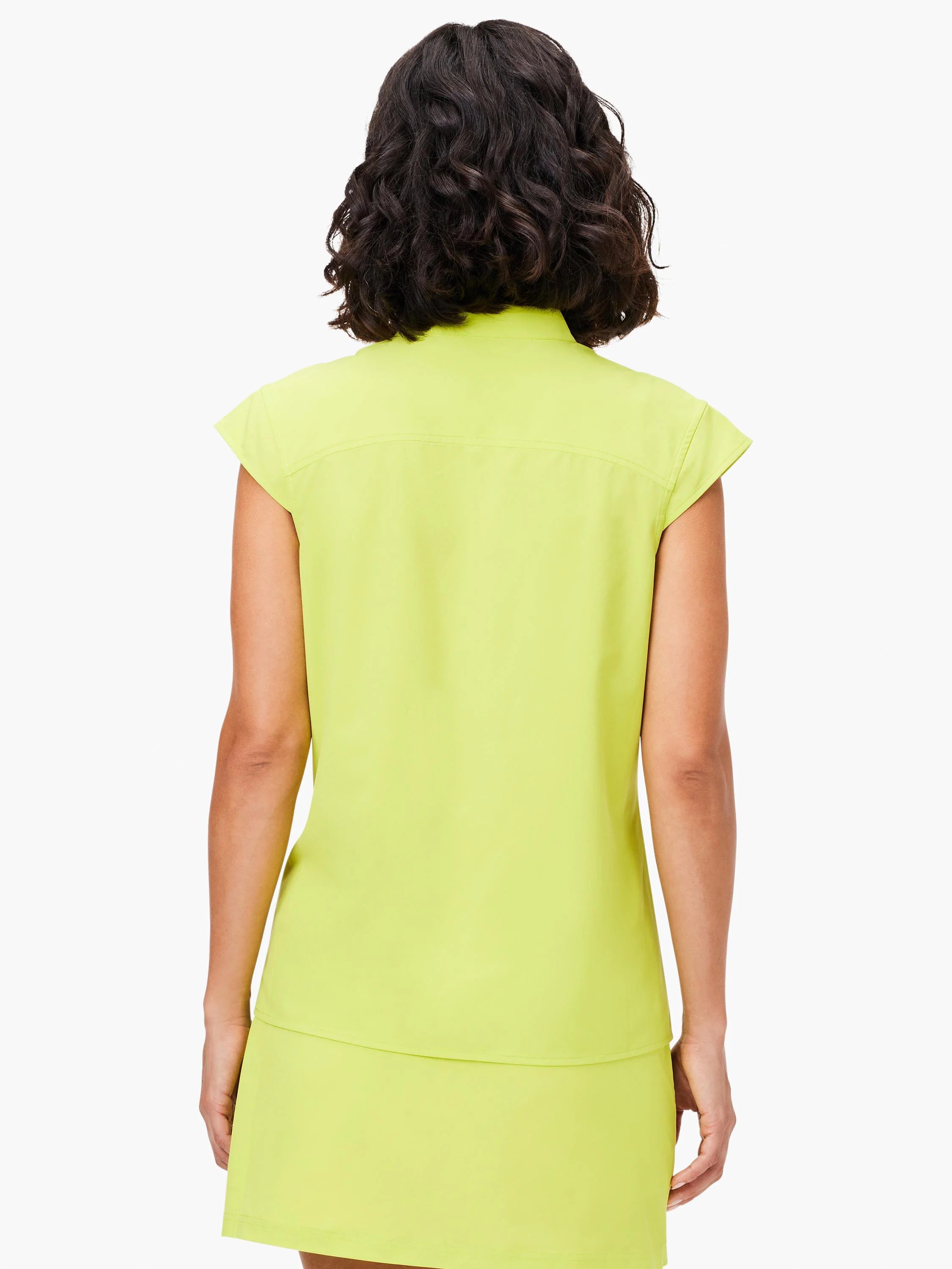 Lime green sleeveless snap-neck top, shown from the back.