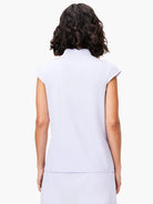 Lavender sleeveless shell top, snap neck closure, viewed from the back.