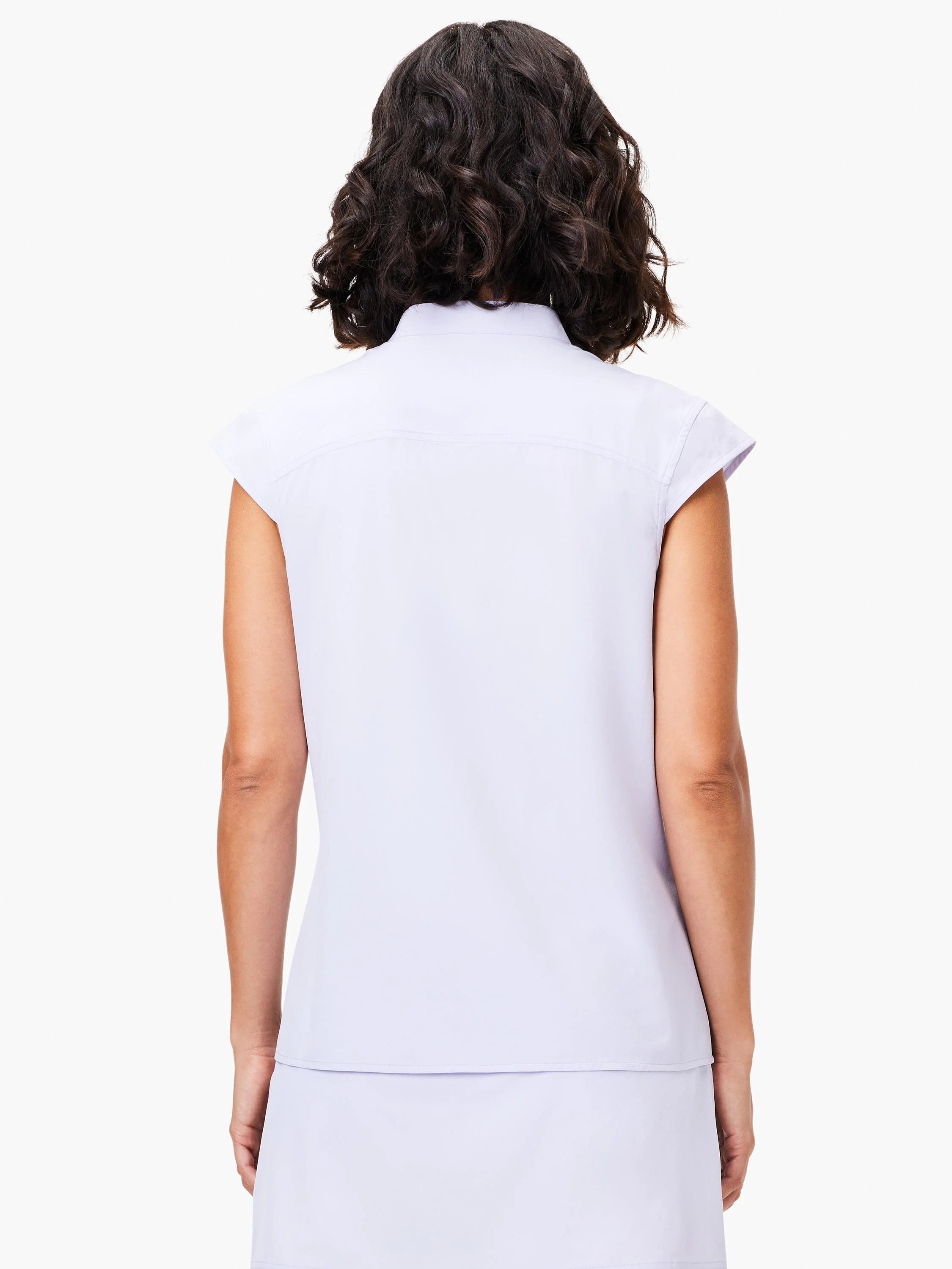 Lavender sleeveless shell top, snap neck closure, viewed from the back.