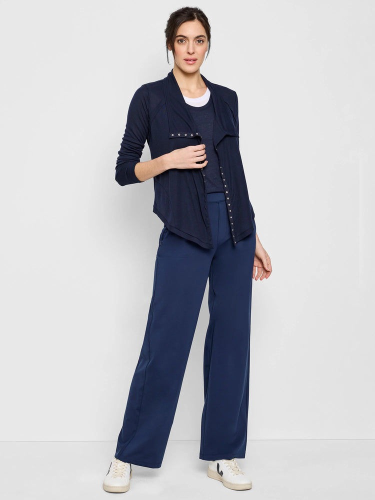Navy blue gauzy cardigan, snap front, silver-toned studs.  Open drape.